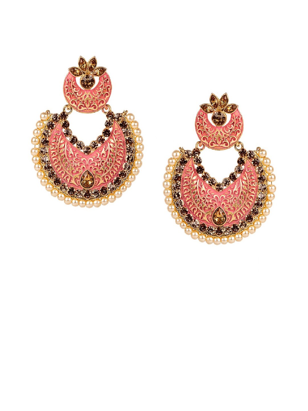 

ANIKAS CREATION Pink Gold-Plated Enamelled Pearl & Kundan Studded Circular Chandbalis
