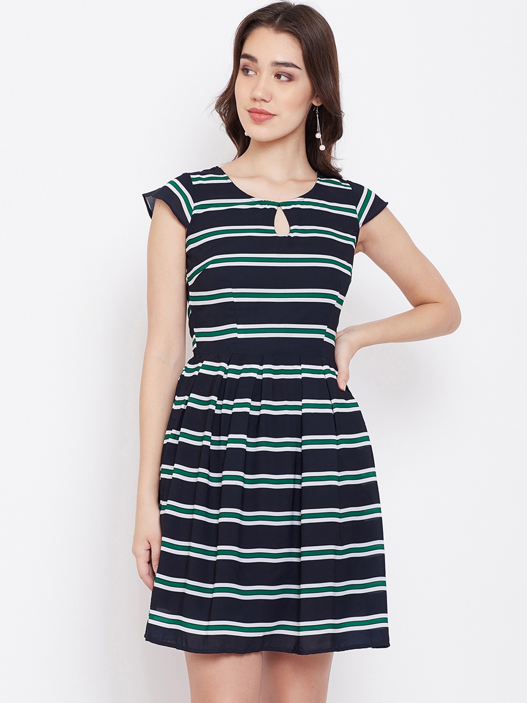 

PURYS Women Black Striped Fit and Flare Dress