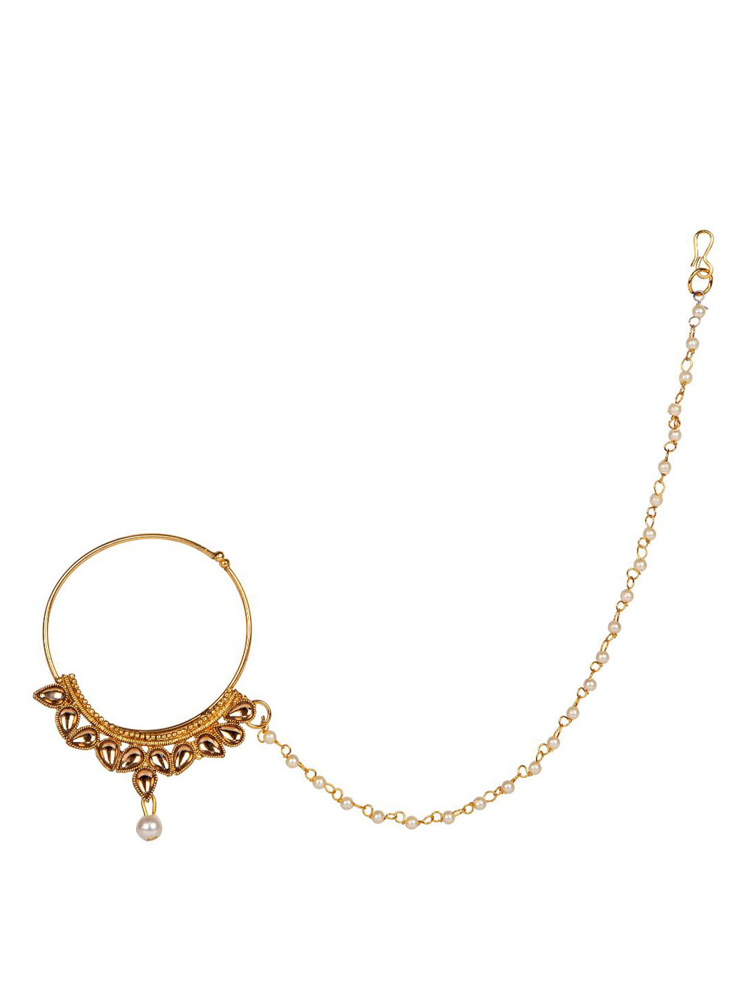 

ANIKAS CREATION Gold-Plated Off-White Beaded & Stone-Studded Chained Nose Ring