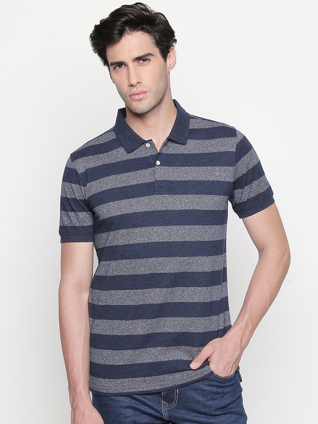 

BYFORD by Pantaloons Men Navy Blue Striped Polo Collar Slim Fit T-shirt
