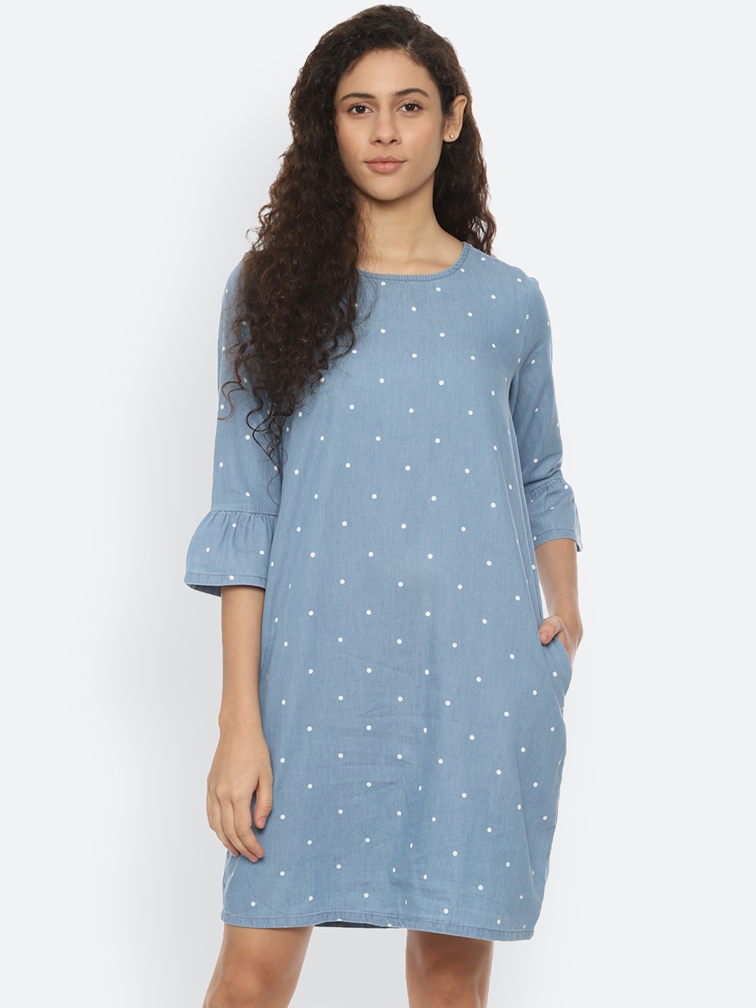 People Women Blue Printed A-Line Denim Dress