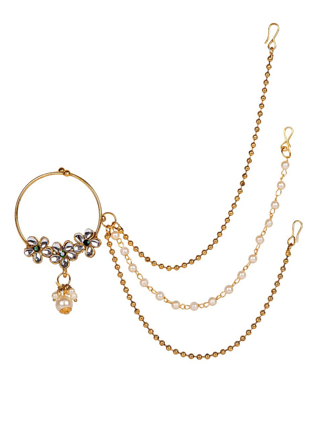

ANIKAS CREATION Gold-Plated & Off-White Beaded & Stone-Studded Chained Nose Ring