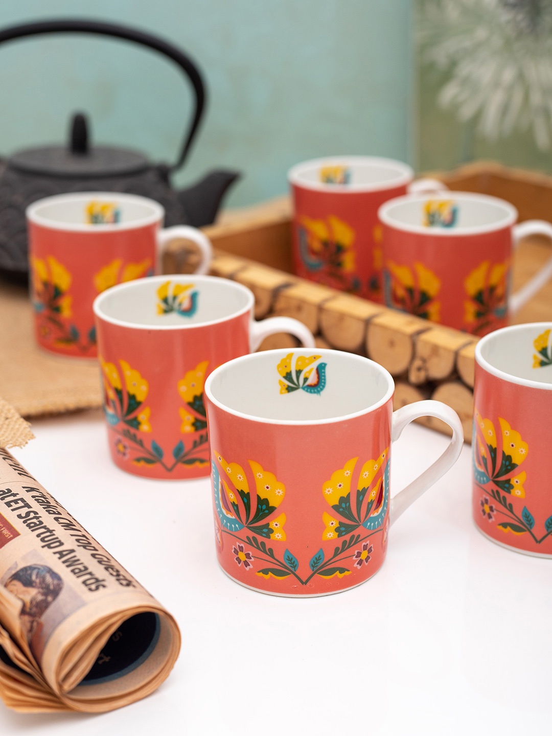 

GOODHOMES Red 6-Pieces Printed Bone China Cups Set