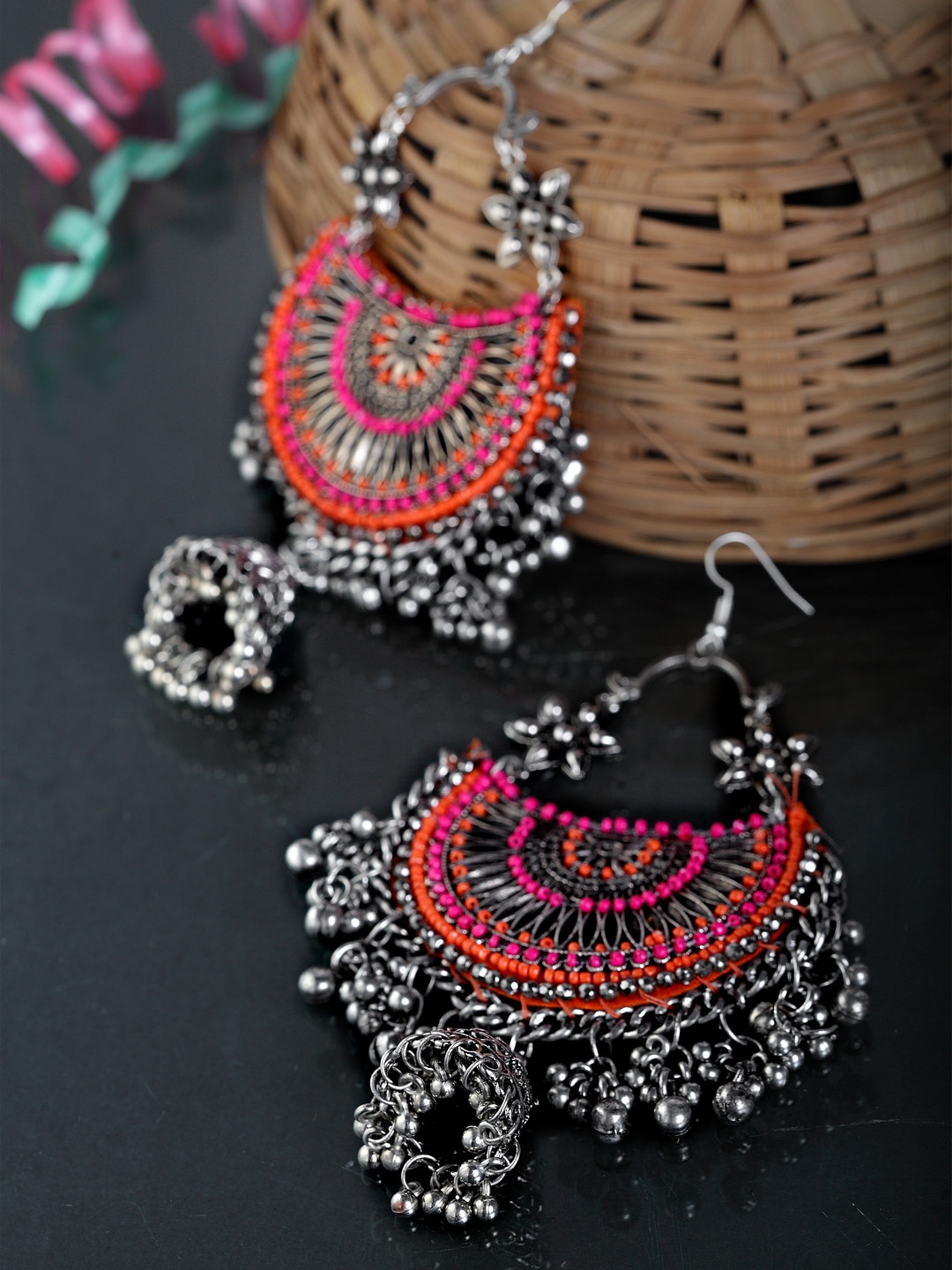 

Moedbuille Pink & Silver-Plated Handcrafted Crescent Shaped Jhumkas