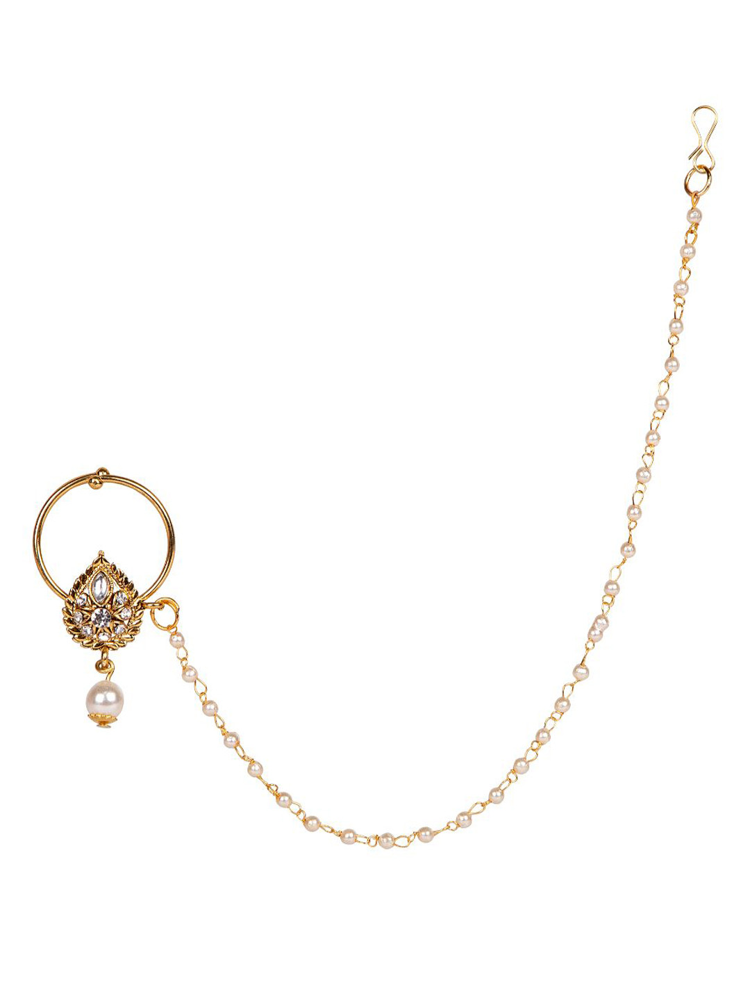 

ANIKAS CREATION Gold-Plated & White Beaded & Stone-Studded Chained Nose Ring