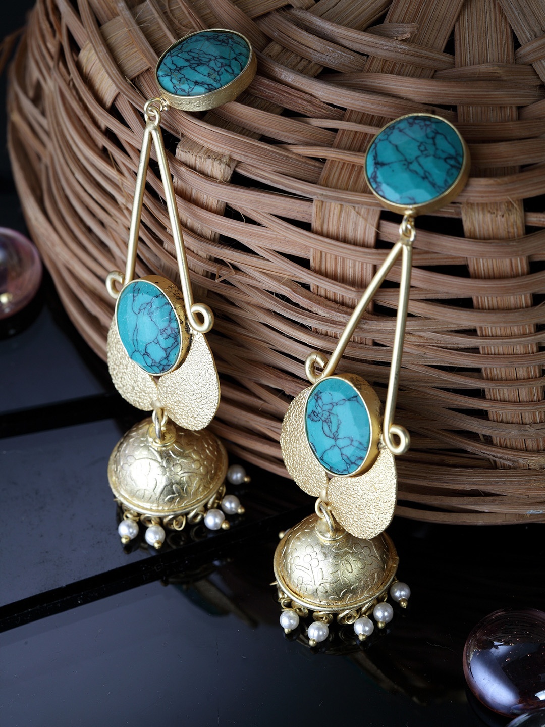 

Moedbuille Gold-Plated & Turquoise Blue Dome Shaped Handcrafted Jhumkas
