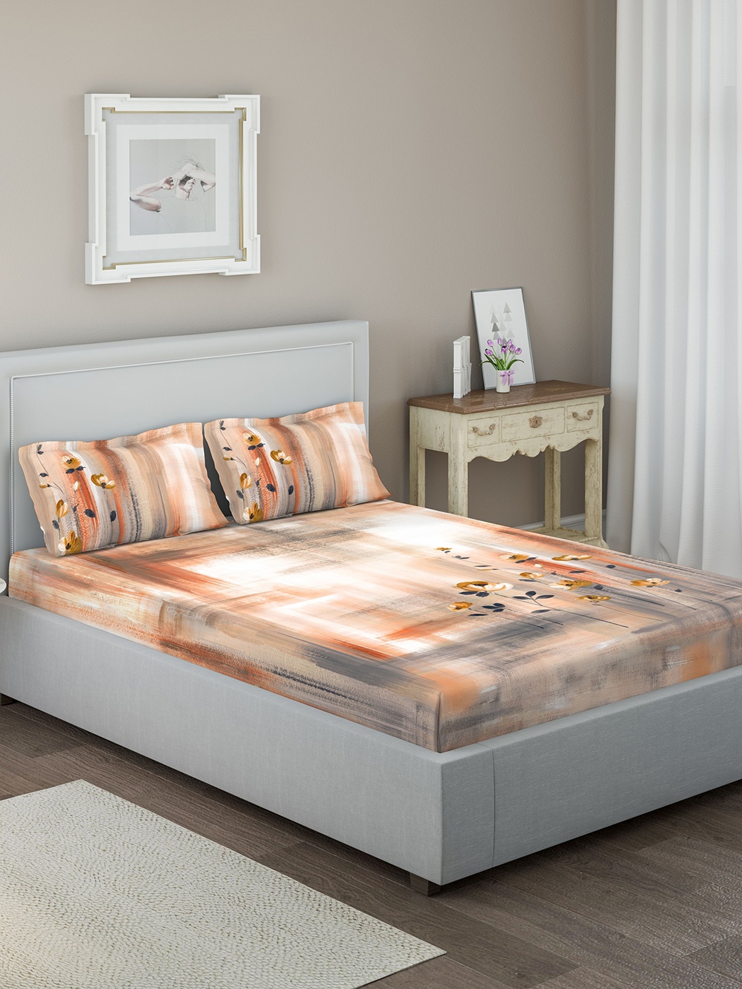 

DDecor Orange & White Geometric 144 TC Cotton 1 Queen Bedsheet with 2 Pillow Covers