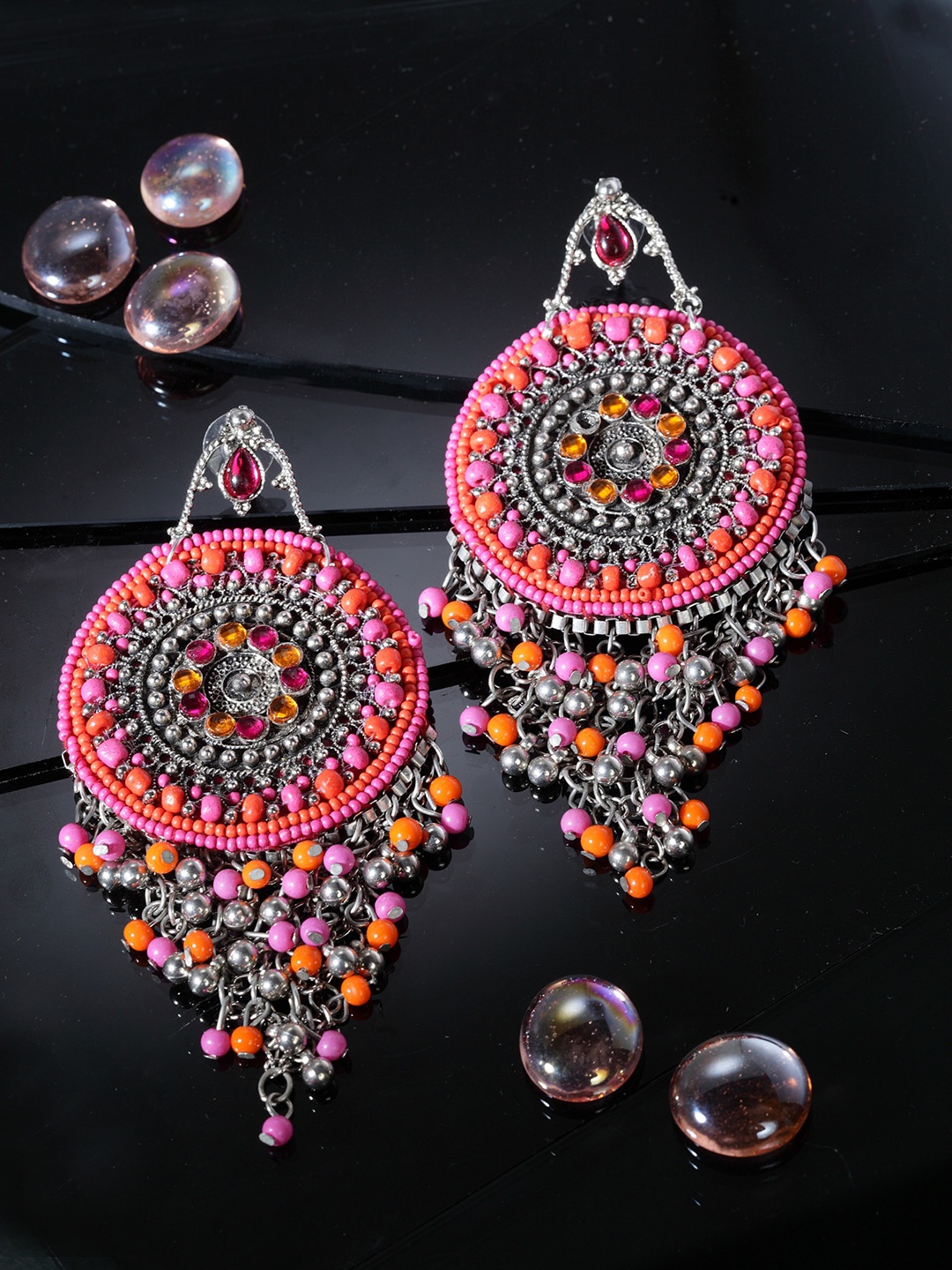

Moedbuille Silver-Plated & Orange Handcrafted Circular Drop Earrings