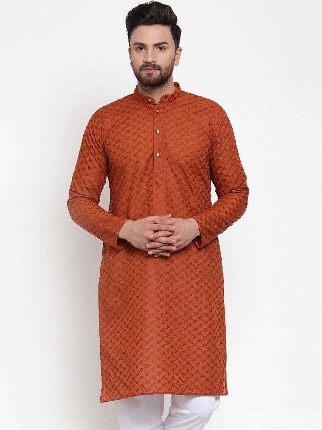

Jompers Men Brown & White Self Design Kurta with Churidar