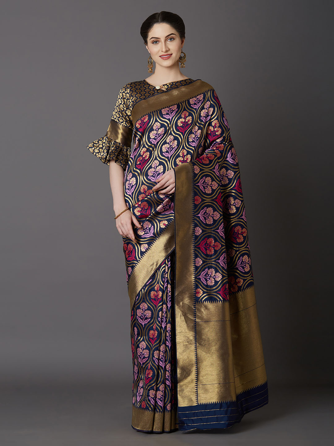 

Mitera Gold-Toned & Purple Silk Blend Woven Design Kanjeevaram Saree