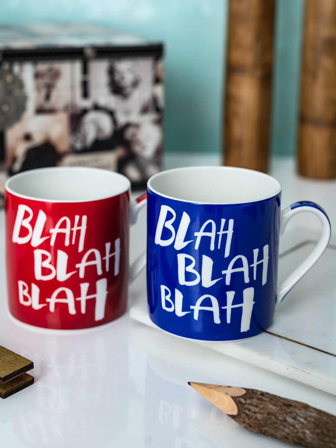 GOODHOMES Red & Blue Set Of 2 Bone China Cups