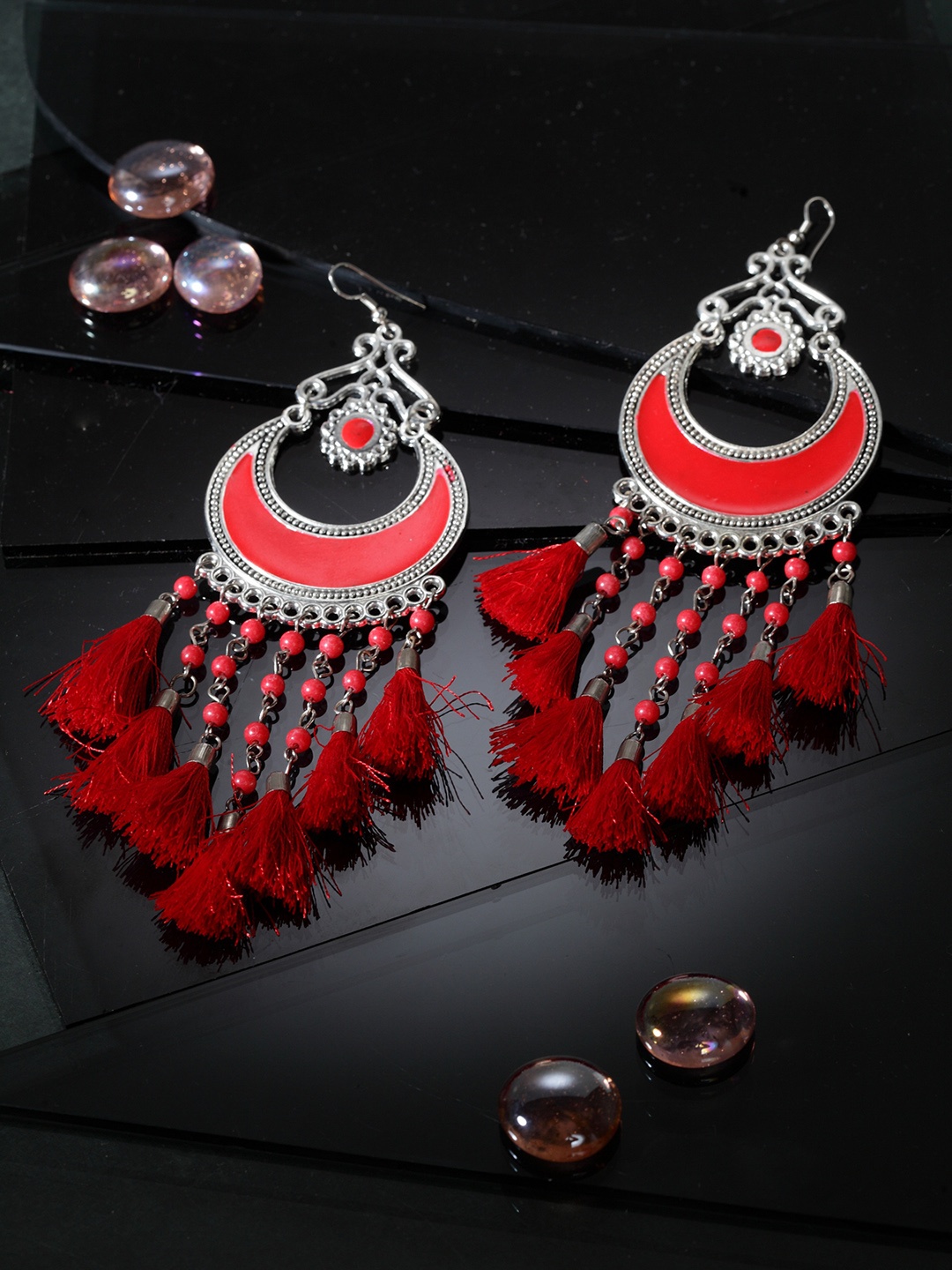 

Moedbuille Silver-Toned & Red Handcrafted Crescent Shaped Enamelled Drop Earrings