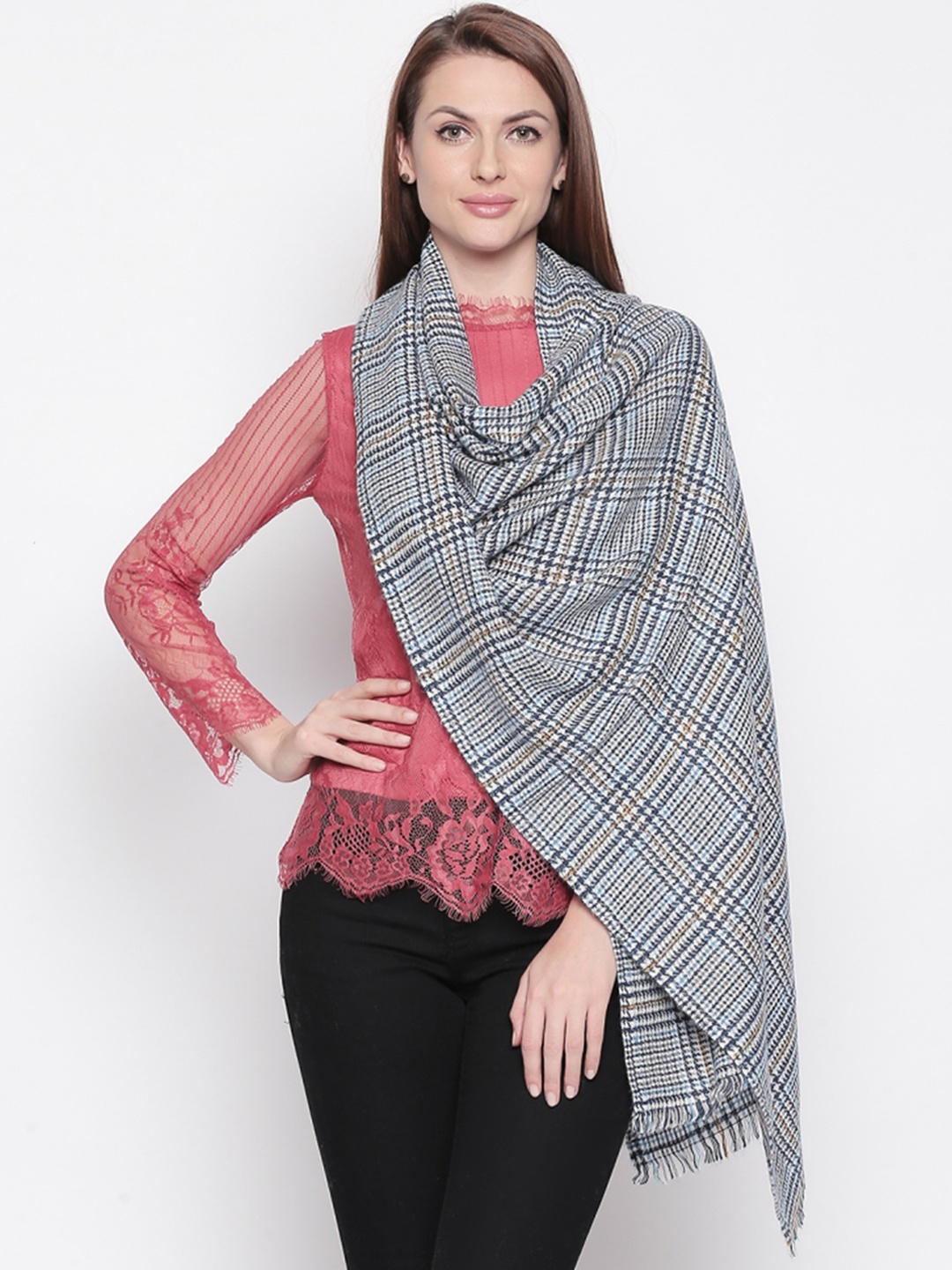

Style Quotient Women Blue & White Houndstooth Patterned Shawl