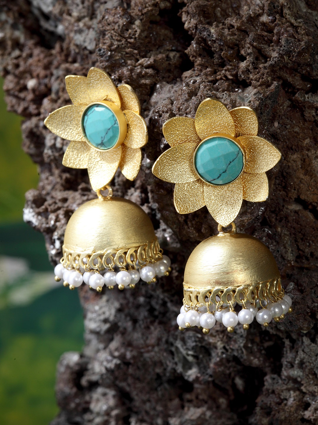 

Moedbuille Gold-Plated & Turquoise Blue Dome Shaped Handcrafted Jhumkas