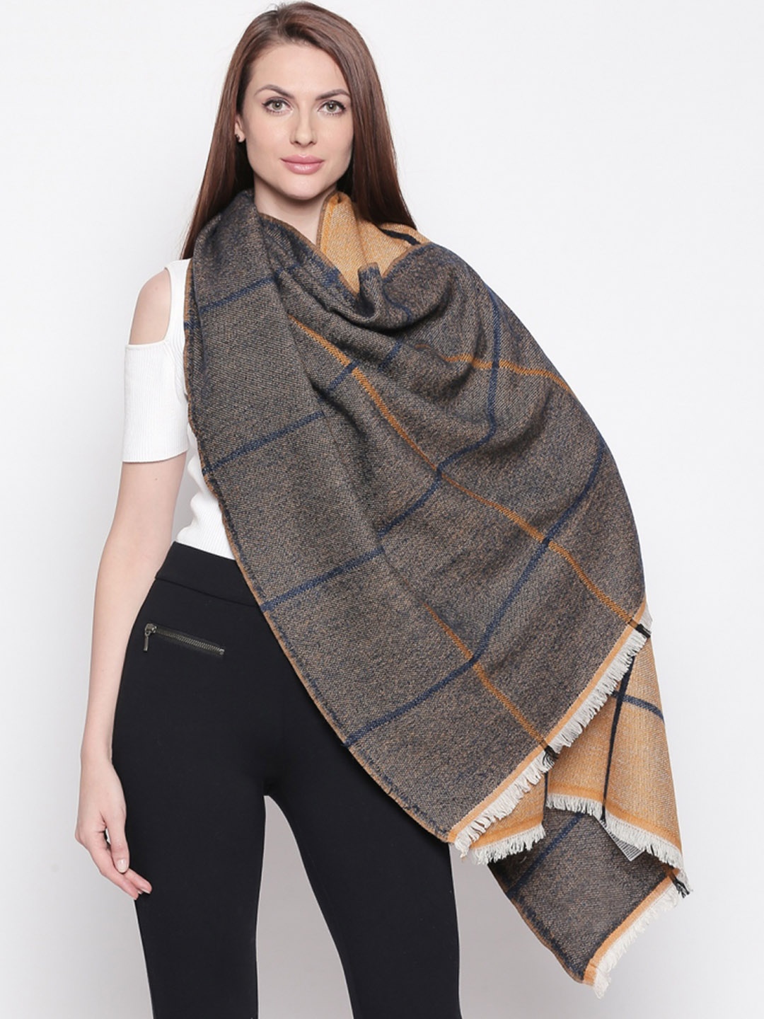 

Style Quotient Women Navy Blue & Camel Brown Checked Shawl