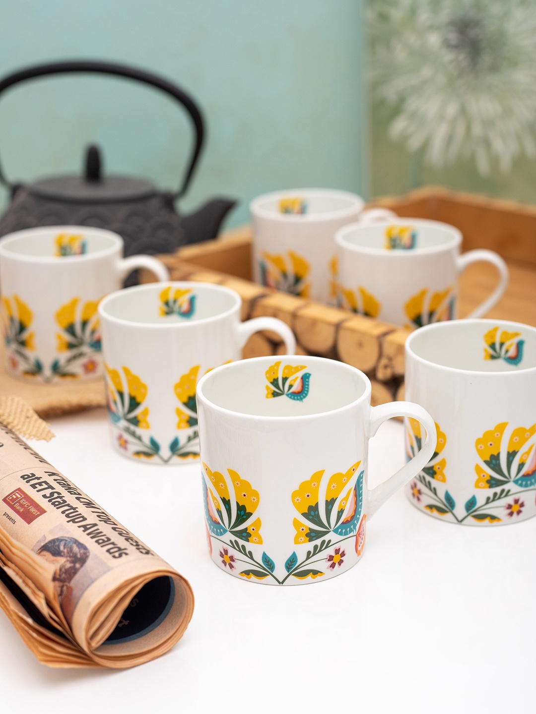 GOODHOMES Set of 6 Bone China Printed Tea & Coffee Mugs, White