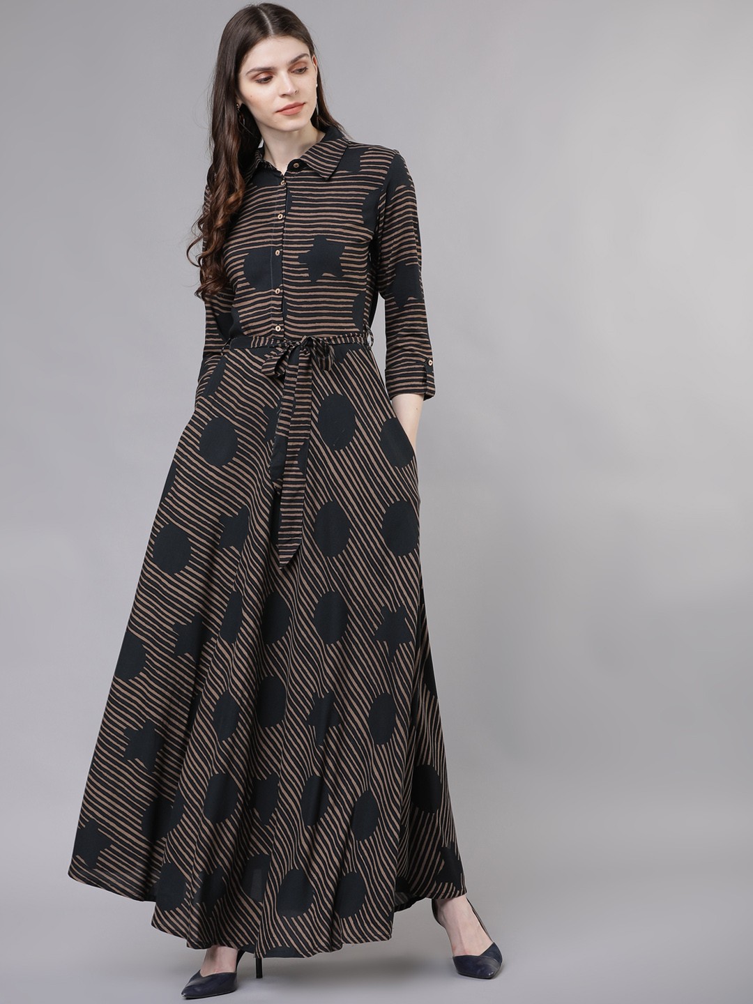 

Vishudh Women Taupe & Black Printed Maxi Dress