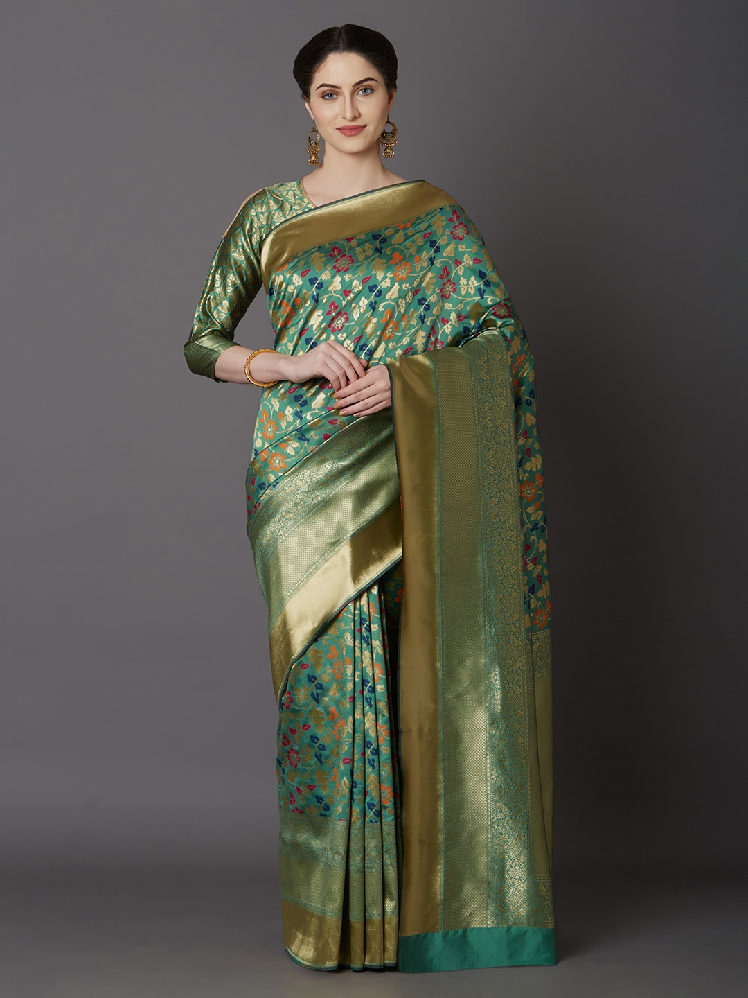 

Mitera Green Silk Blend Woven Design Kanjeevaram Saree