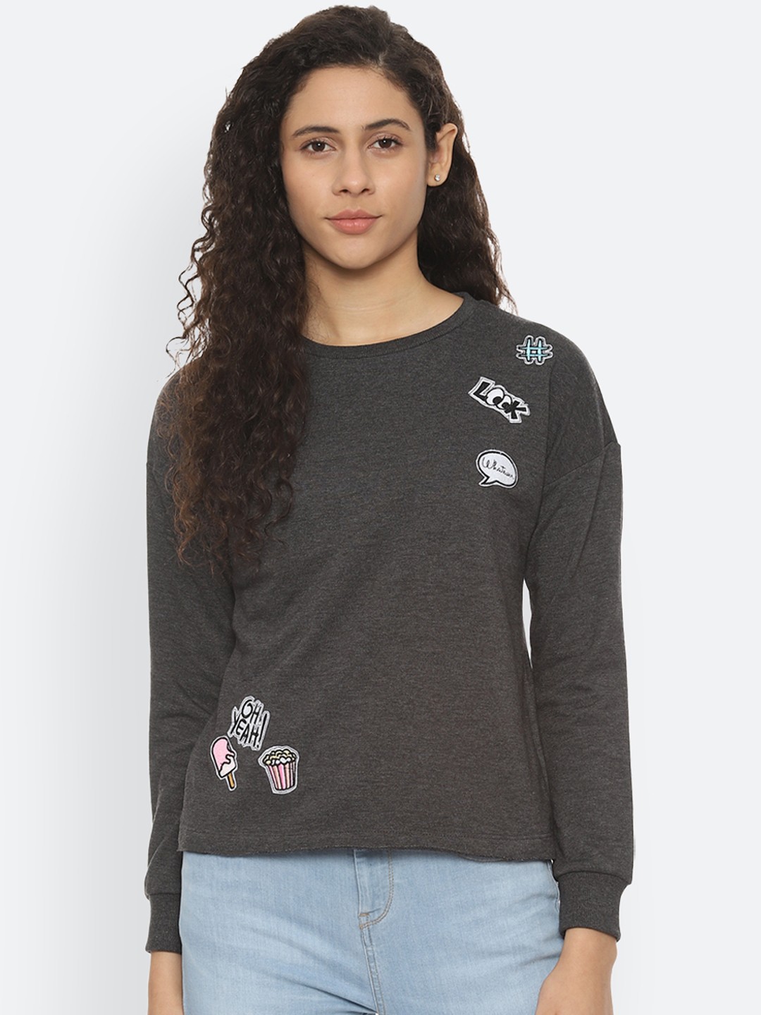 

People Women Charcoal Grey Printed Sweatshirt