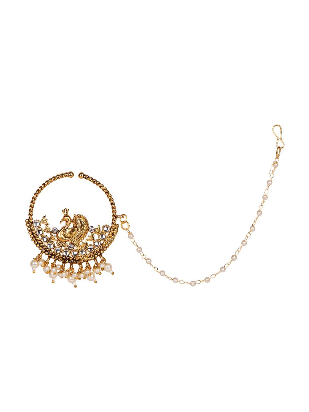 

ANIKAS CREATION Gold-Plated & White Beaded & Stone-Studded Chained Nose Ring