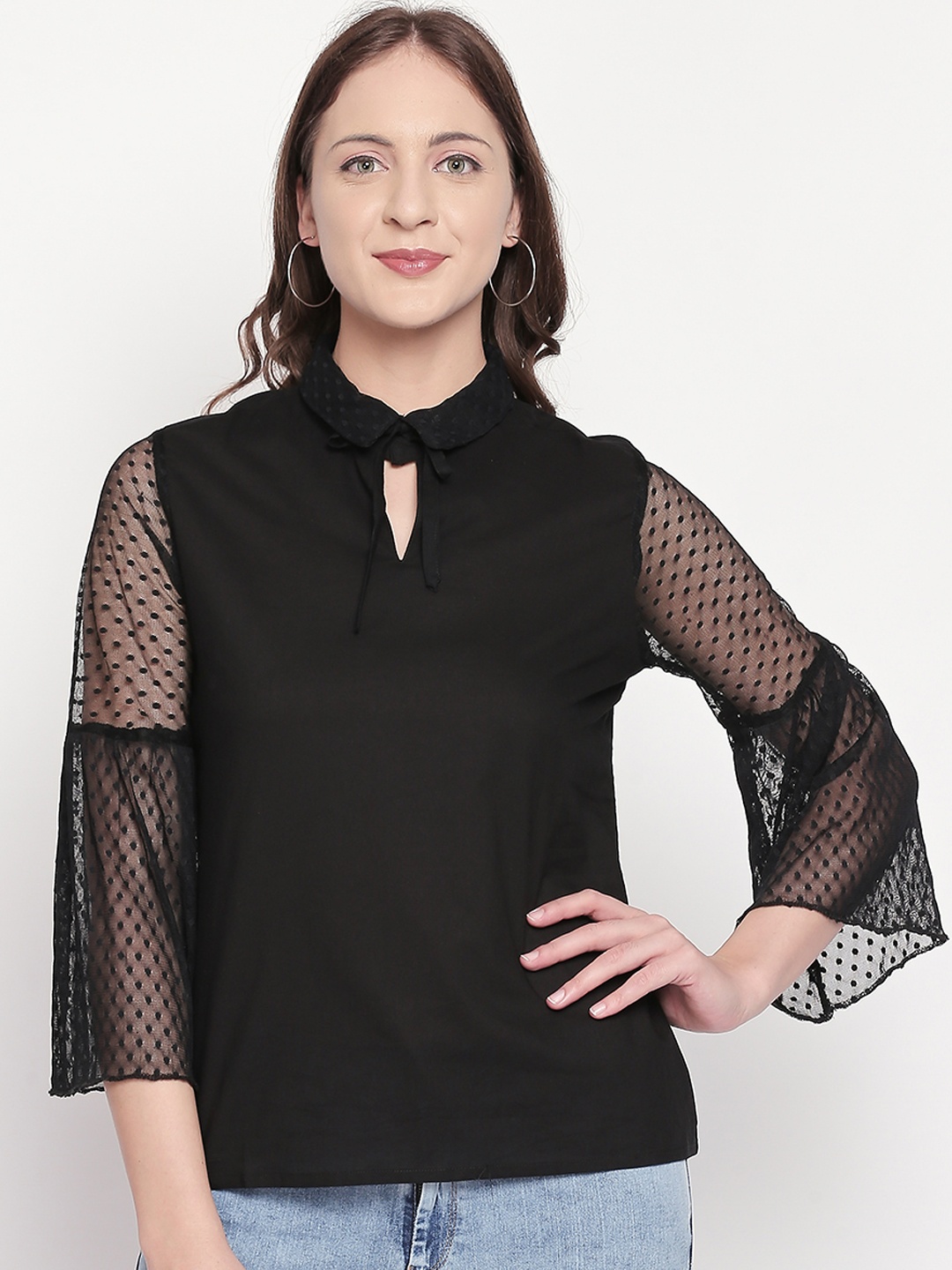 

109F Women Black Self Design Pure Cotton Top