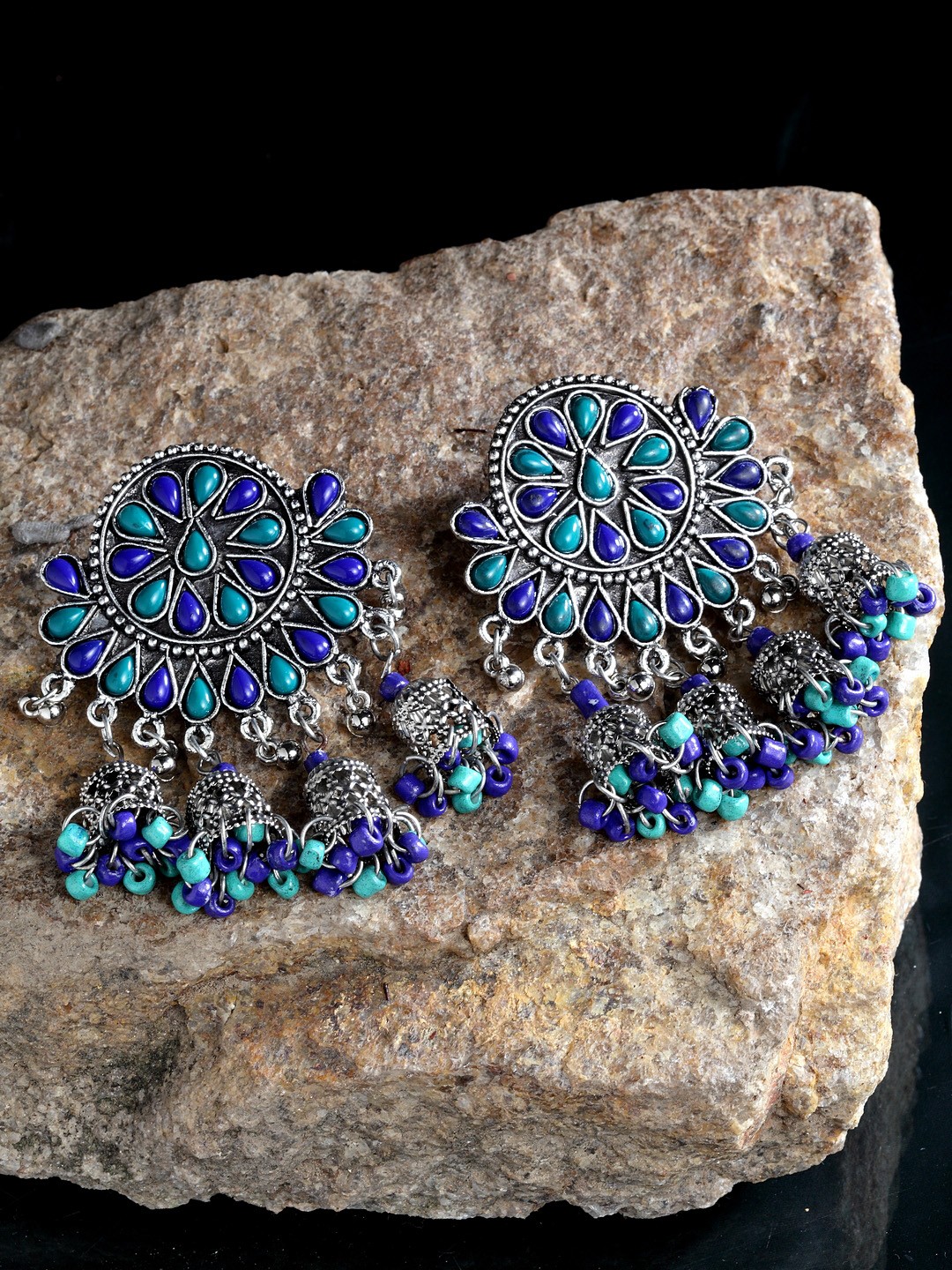

Moedbuille German Silver Dome Shaped Afghan Drop Earrings, Blue