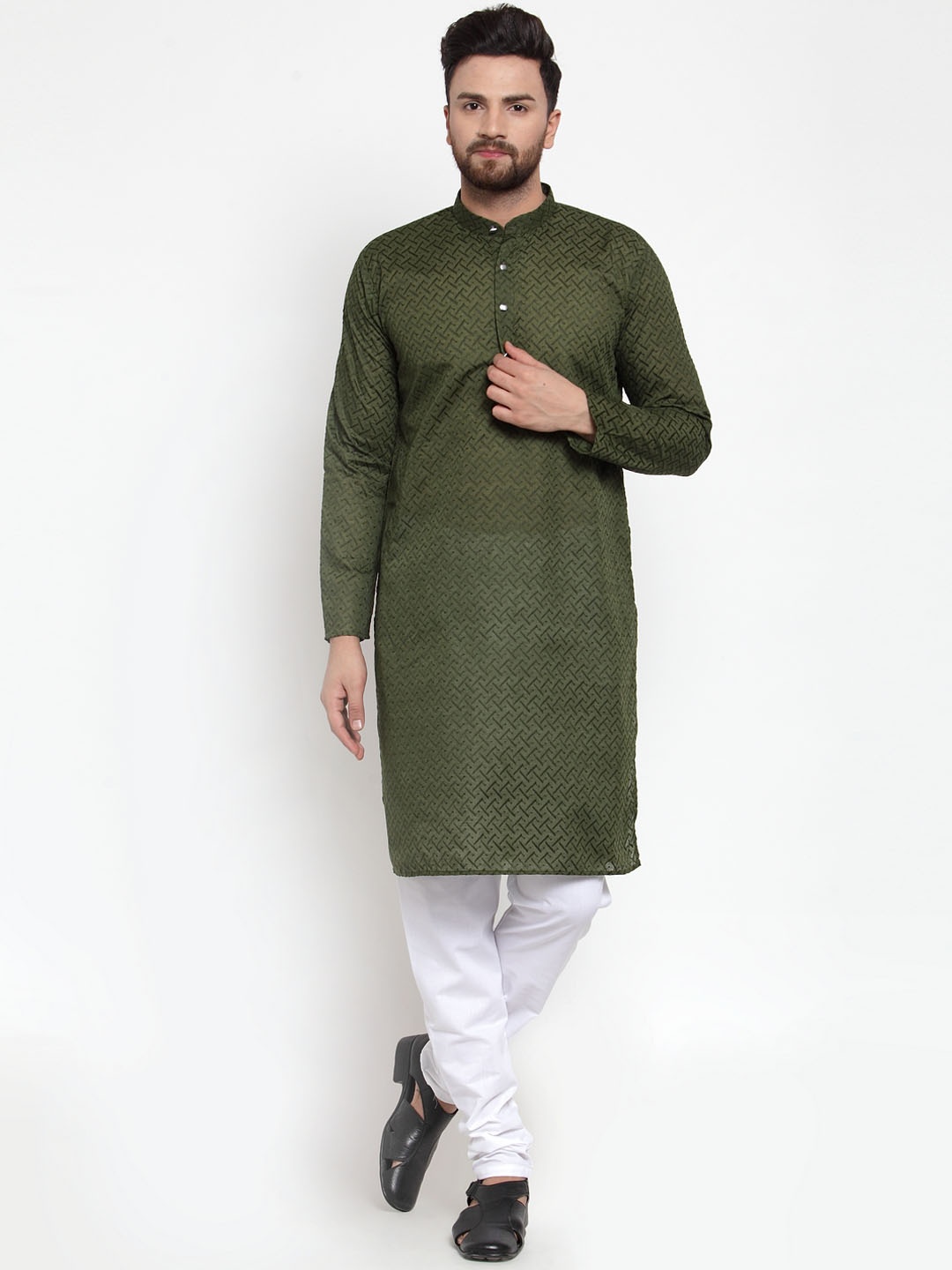 

Jompers Men Green & White Self Design Kurta with Churidar