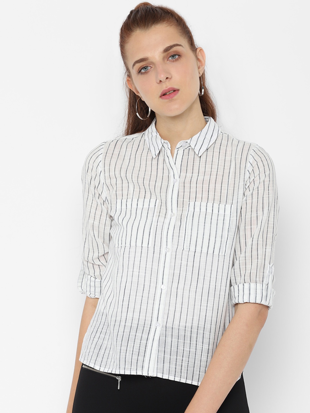 

People Women White Regular Fit Striped Casual Shirt