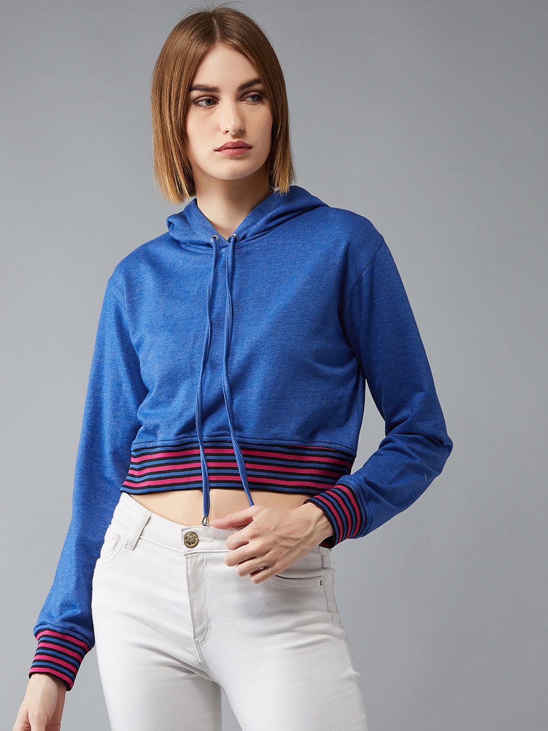 

DOLCE CRUDO Women Blue Solid Hooded Sweatshirt