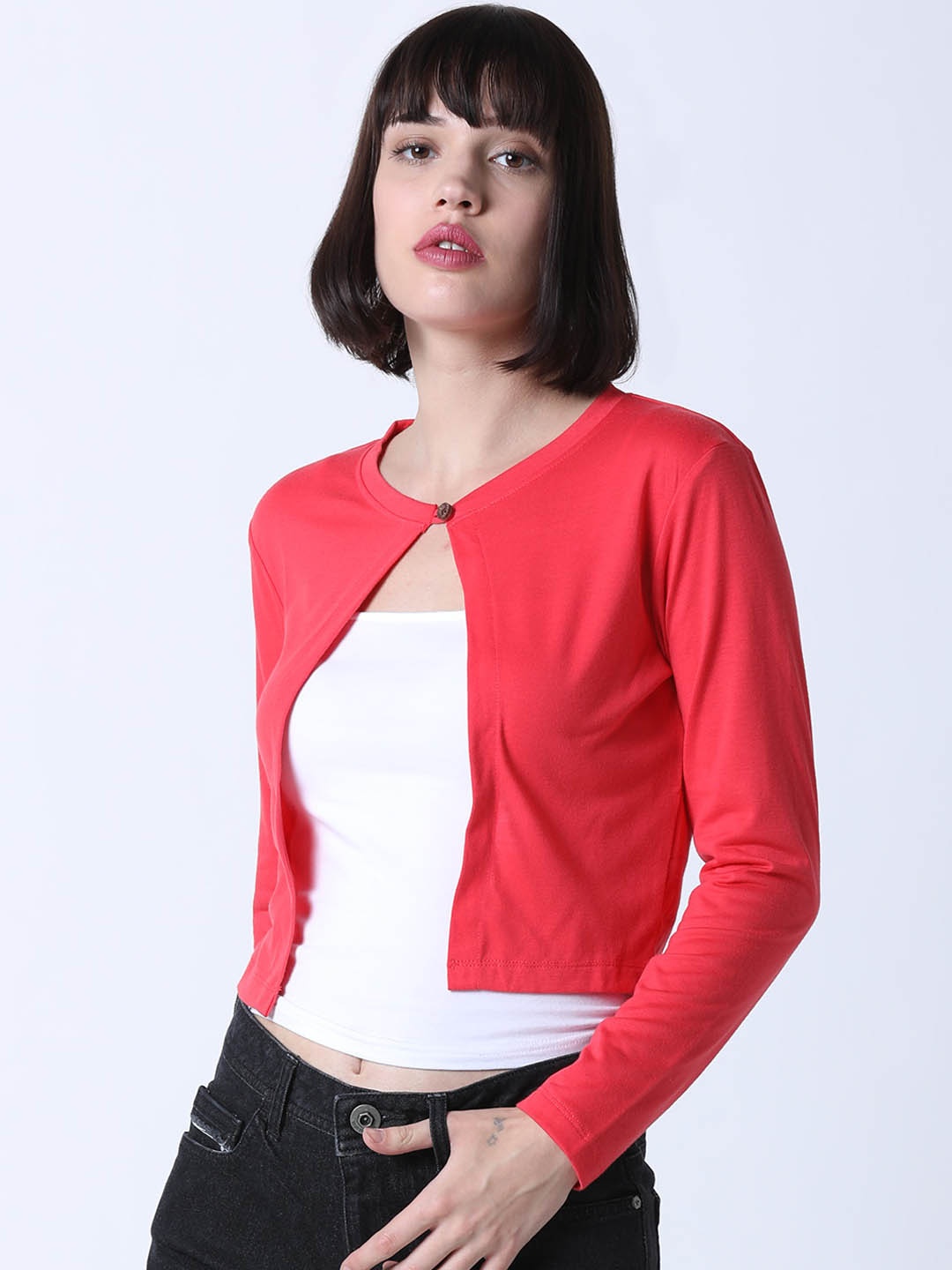 

Huetrap Women Coral Red Solid Open Front Shrug