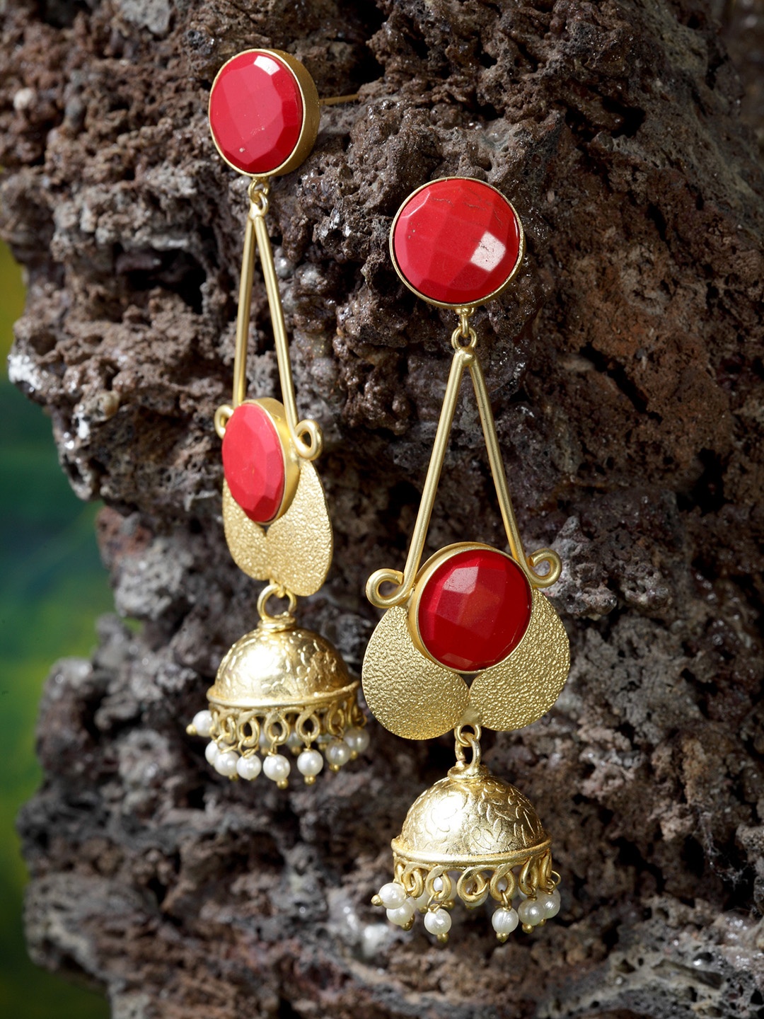 

Moedbuille Gold-Plated & Red Dome Shaped Handcrafted Jhumkas