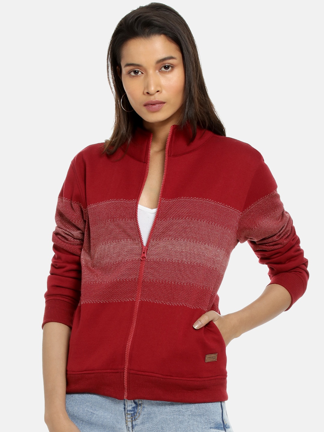 

Campus Sutra Women Maroon Self Design Windcheater Jacket