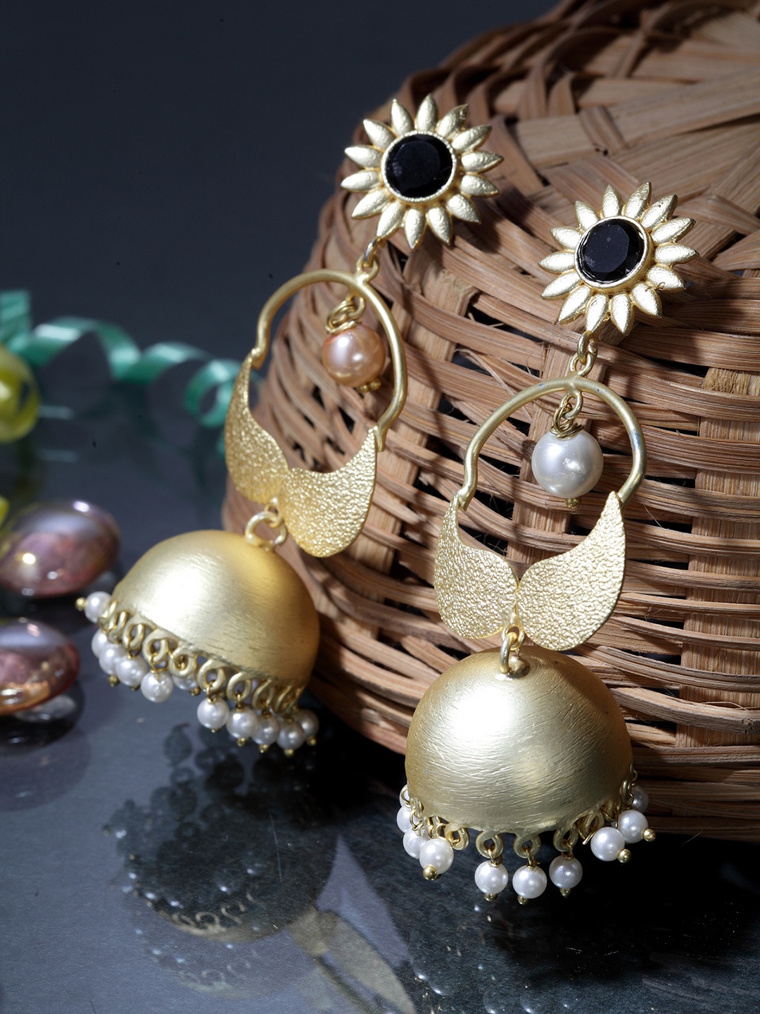 

Moedbuille Gold-Plated & Black Handcrafted Dome Shaped Jhumkas