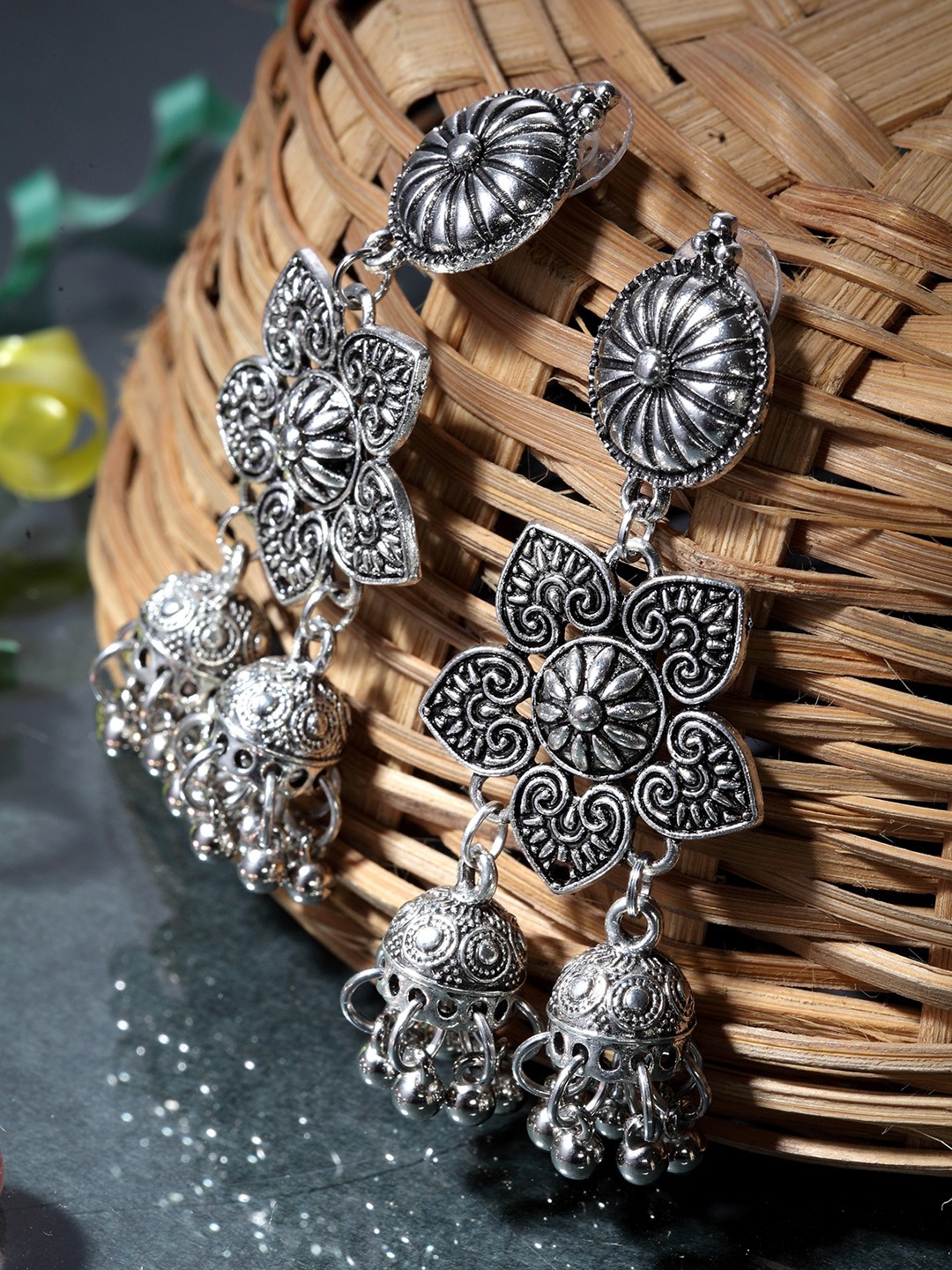 

Moedbuille Silver-Toned German Silver Oxidised Handcrafted Dome Shaped Drop Earrings