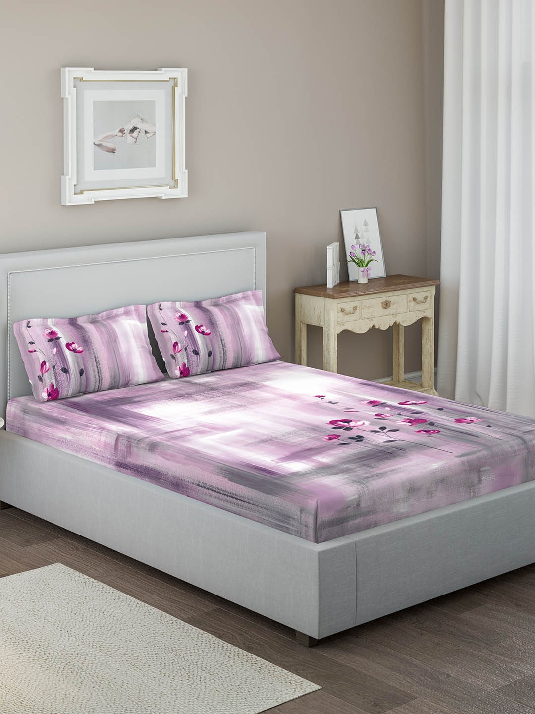 

DDecor Lavender & Magenta Floral 144 TC Cotton 1 Queen Bedsheet with 2 Pillow Covers