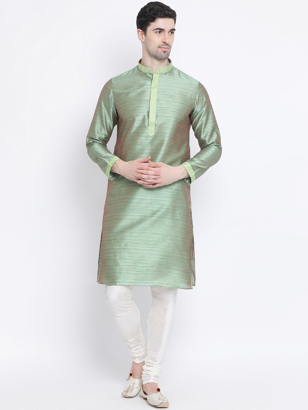 

Sanwara Men Green & Off-White Striped Kurta with Churidar