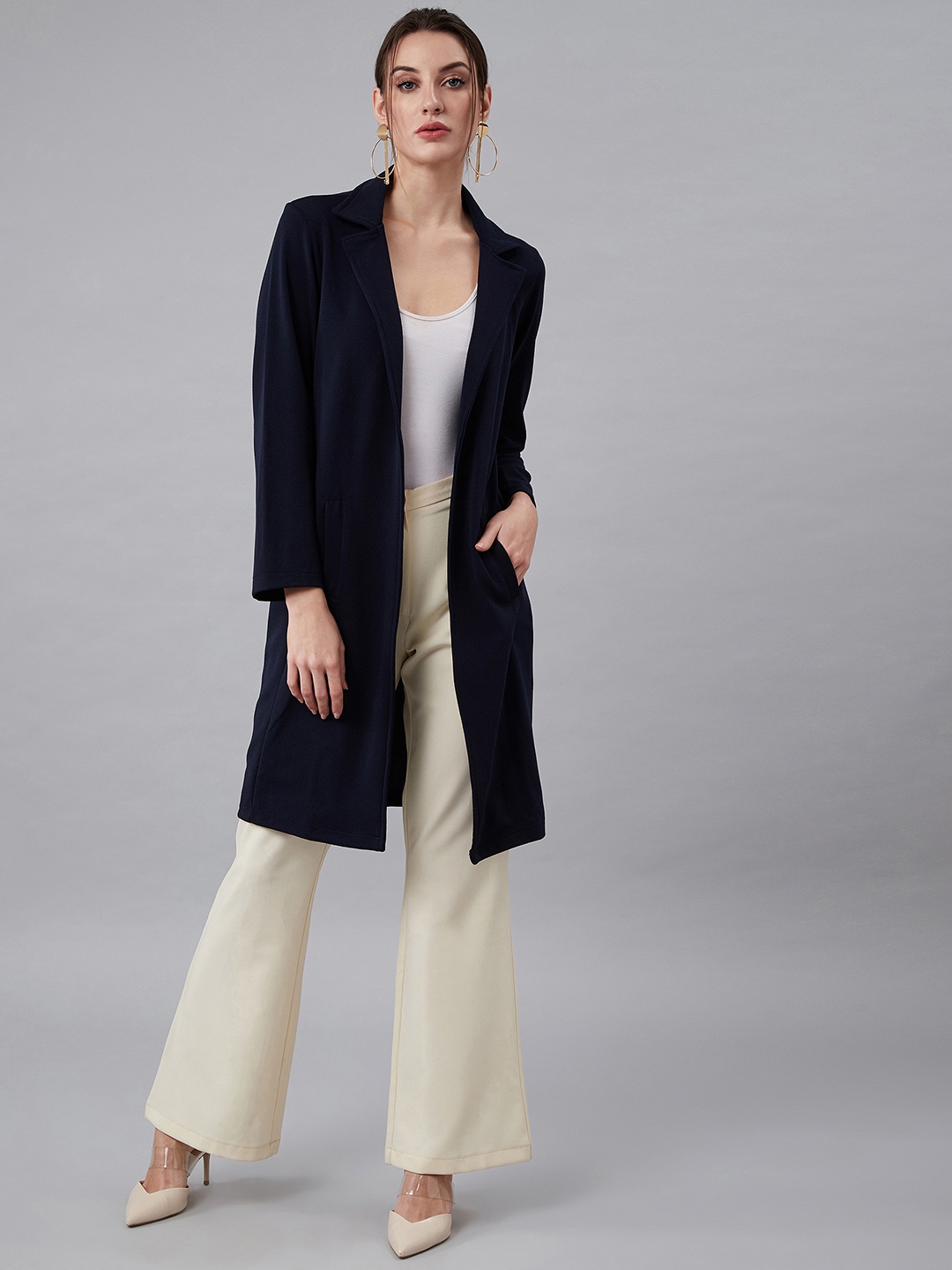 Athena Women Navy Blue Solid Lapel Shrug