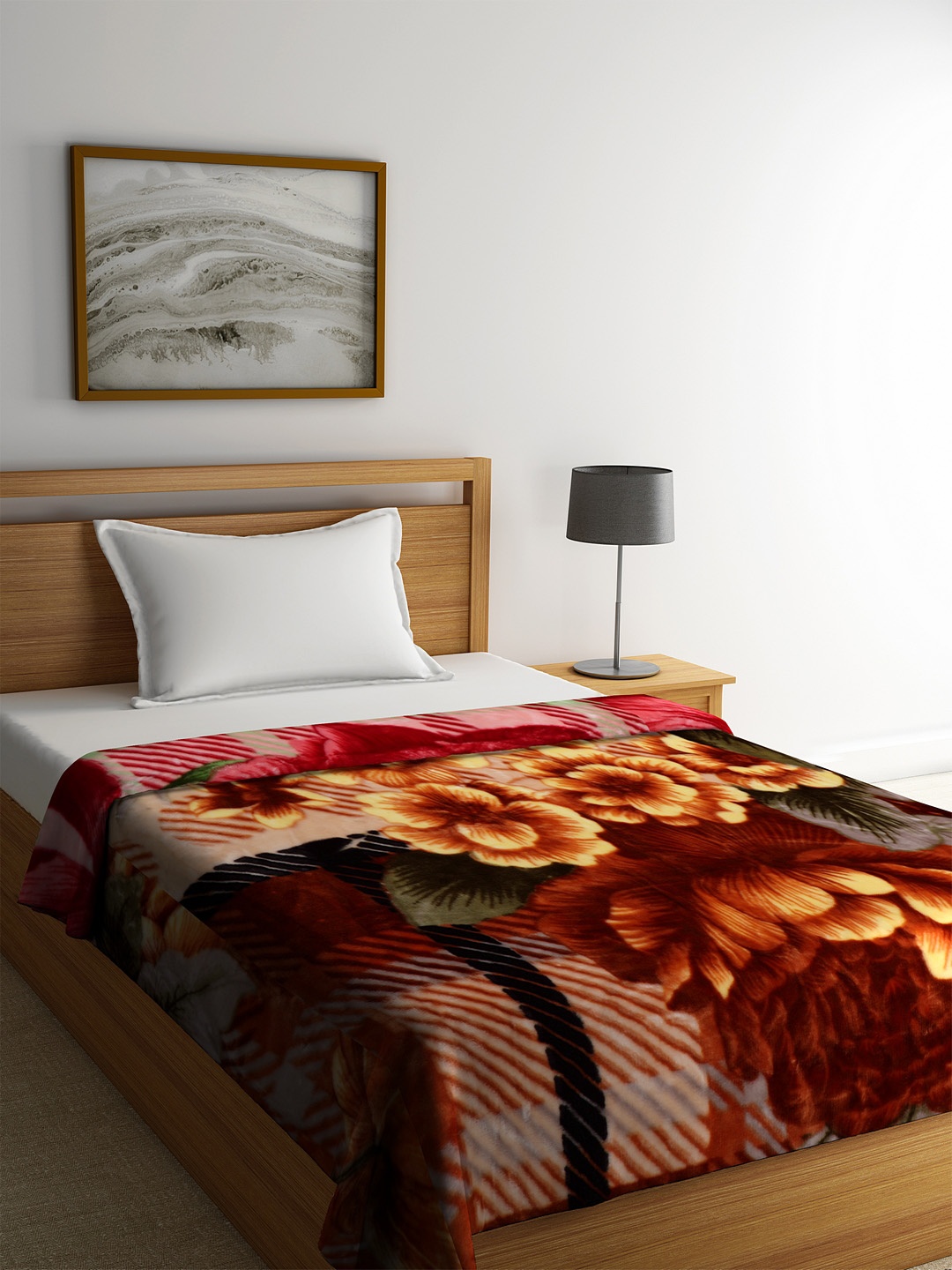 

BOMBAY DYEING Yellow & Brown Floral Heavy Winter 110 GSM Single Bed Blanket
