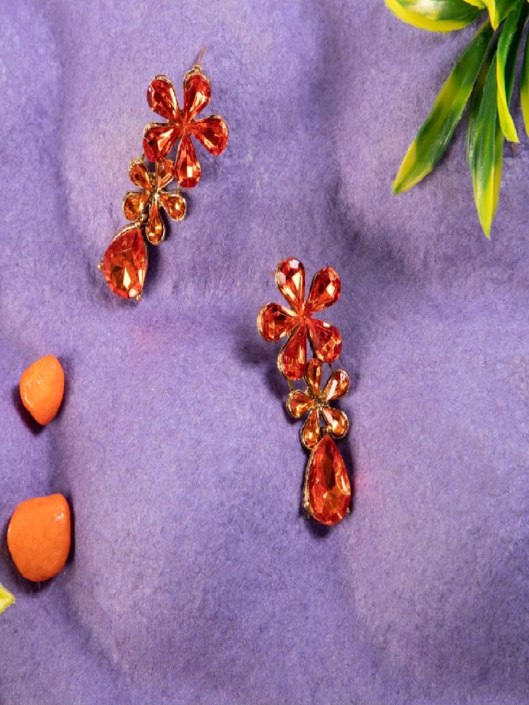 

ANIKAS CREATION Orange & Gold-Plated Handcrafted Floral Drop Earrings