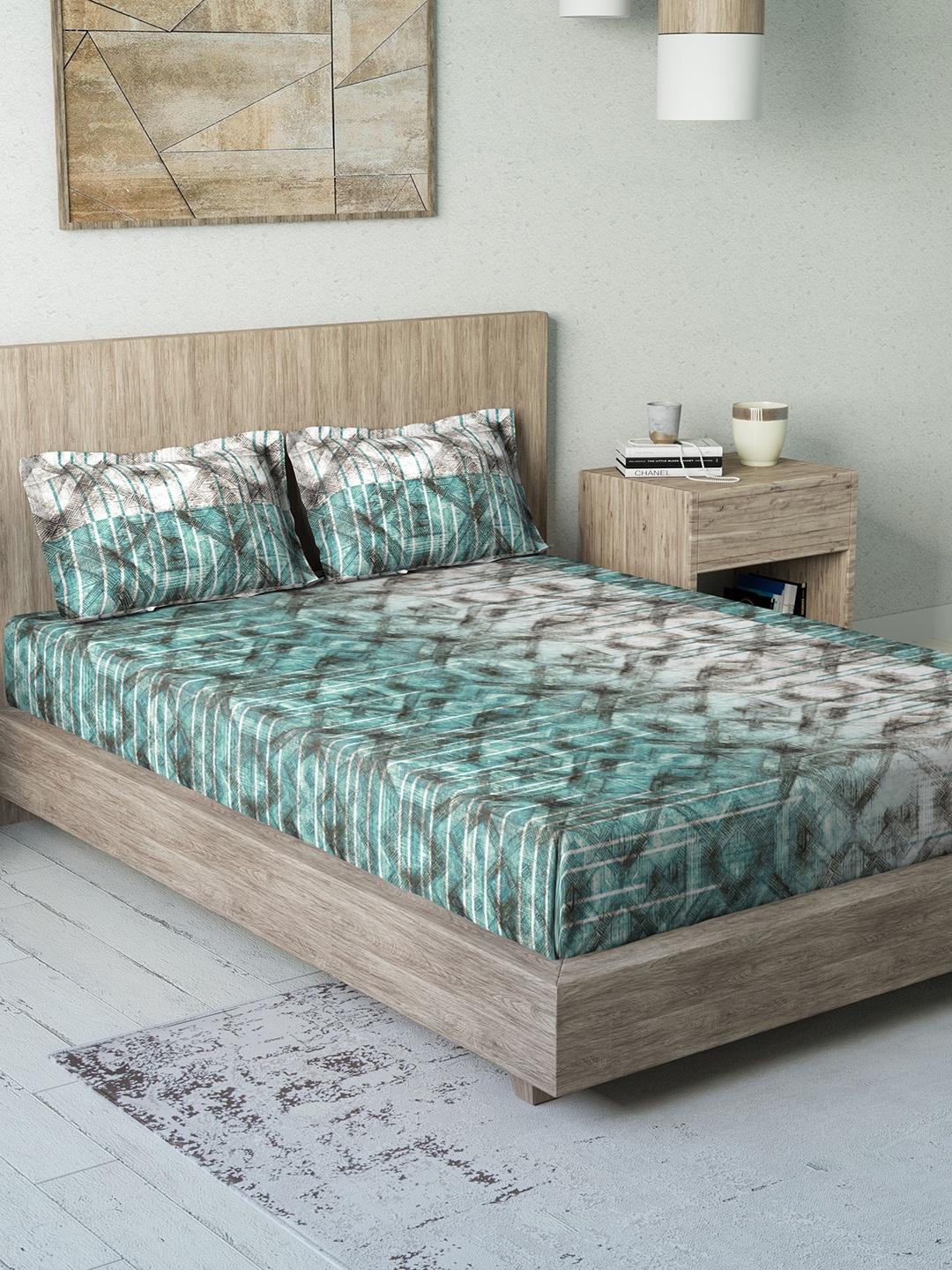 

DDecor Turquoise Blue Abstract 144 TC Cotton 1 Queen Bedsheet with 2 Pillow Covers