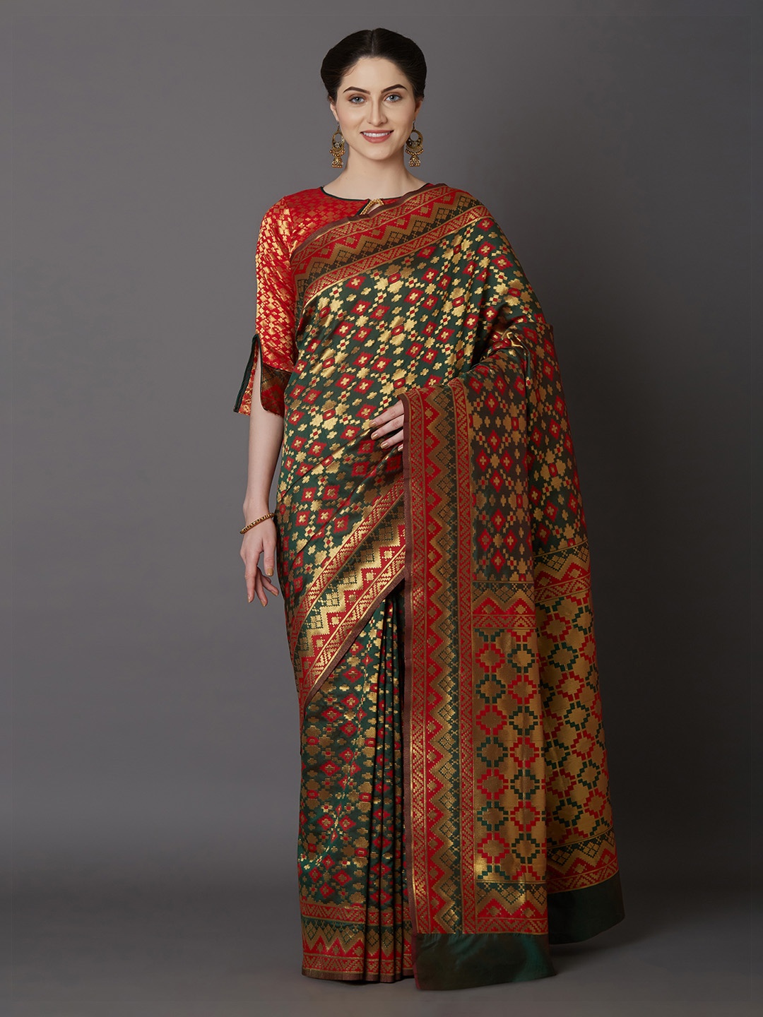 

Mitera Green & Red Silk Blend Woven Design Kanjeevaram Saree