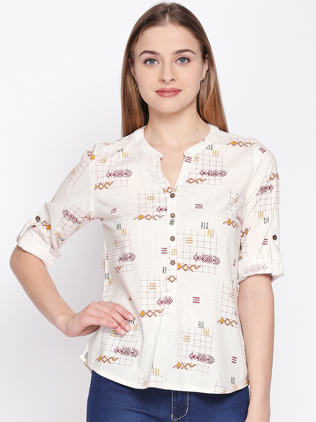 

AKKRITI BY PANTALOONS Women Off-White & Yellow Printed Shirt Style Top
