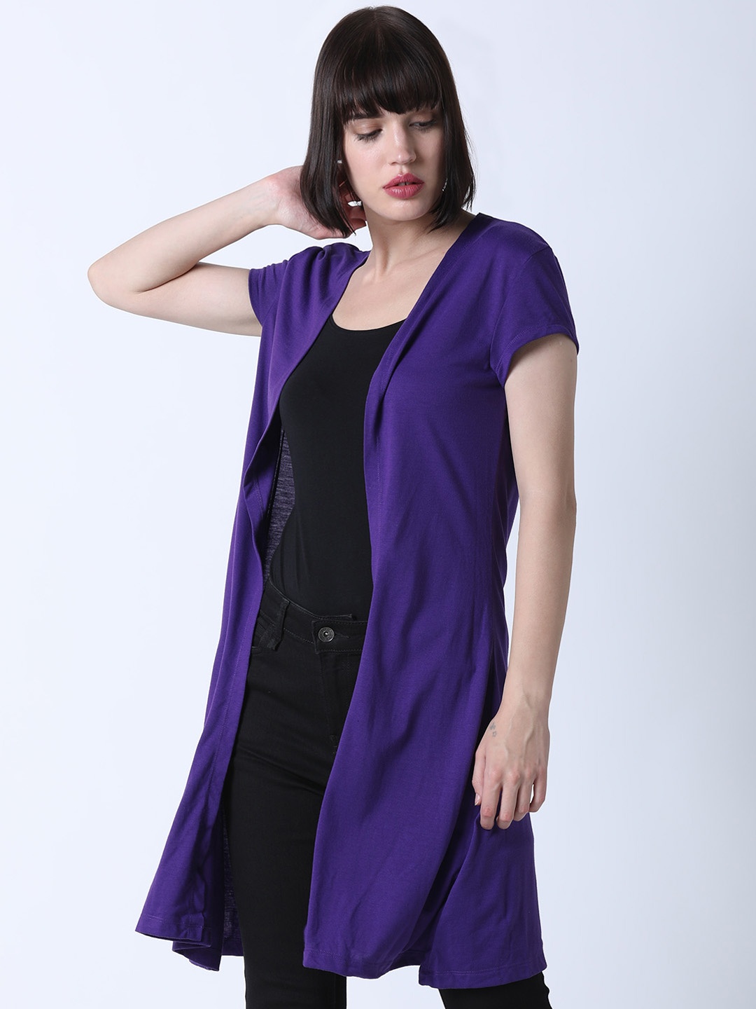 

Huetrap Women Purple Solid Open Front Longline Shrug