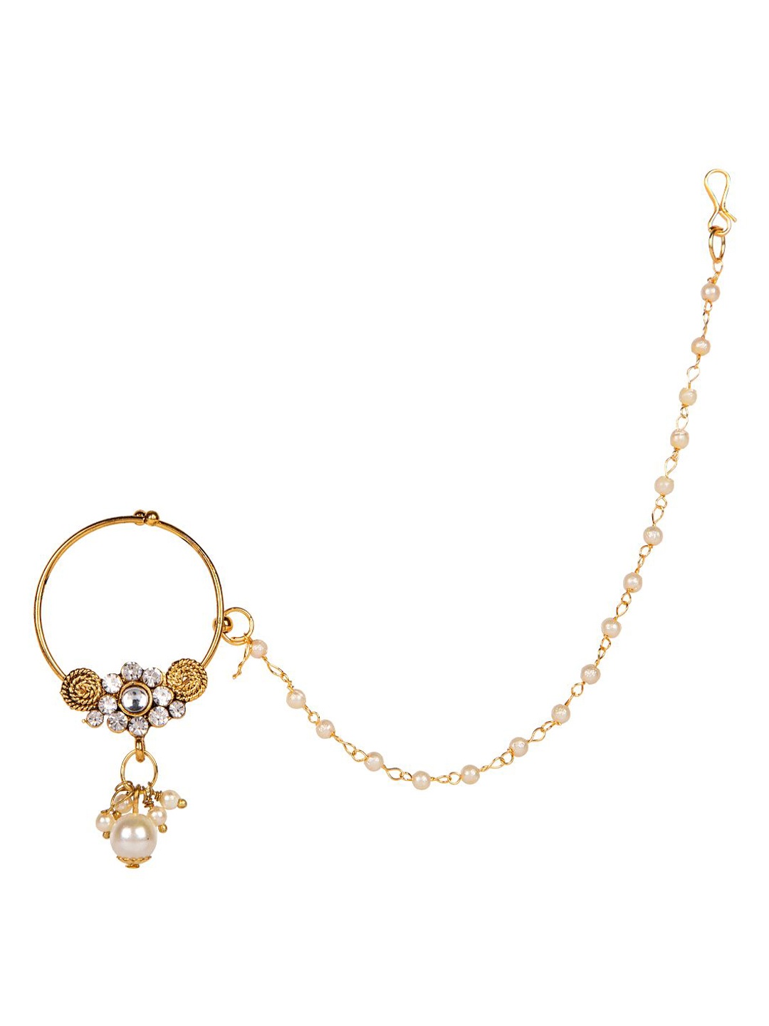 

ANIKAS CREATION Gold-Plated & Off-White Beaded & Stone-Studded Chained Nose Ring