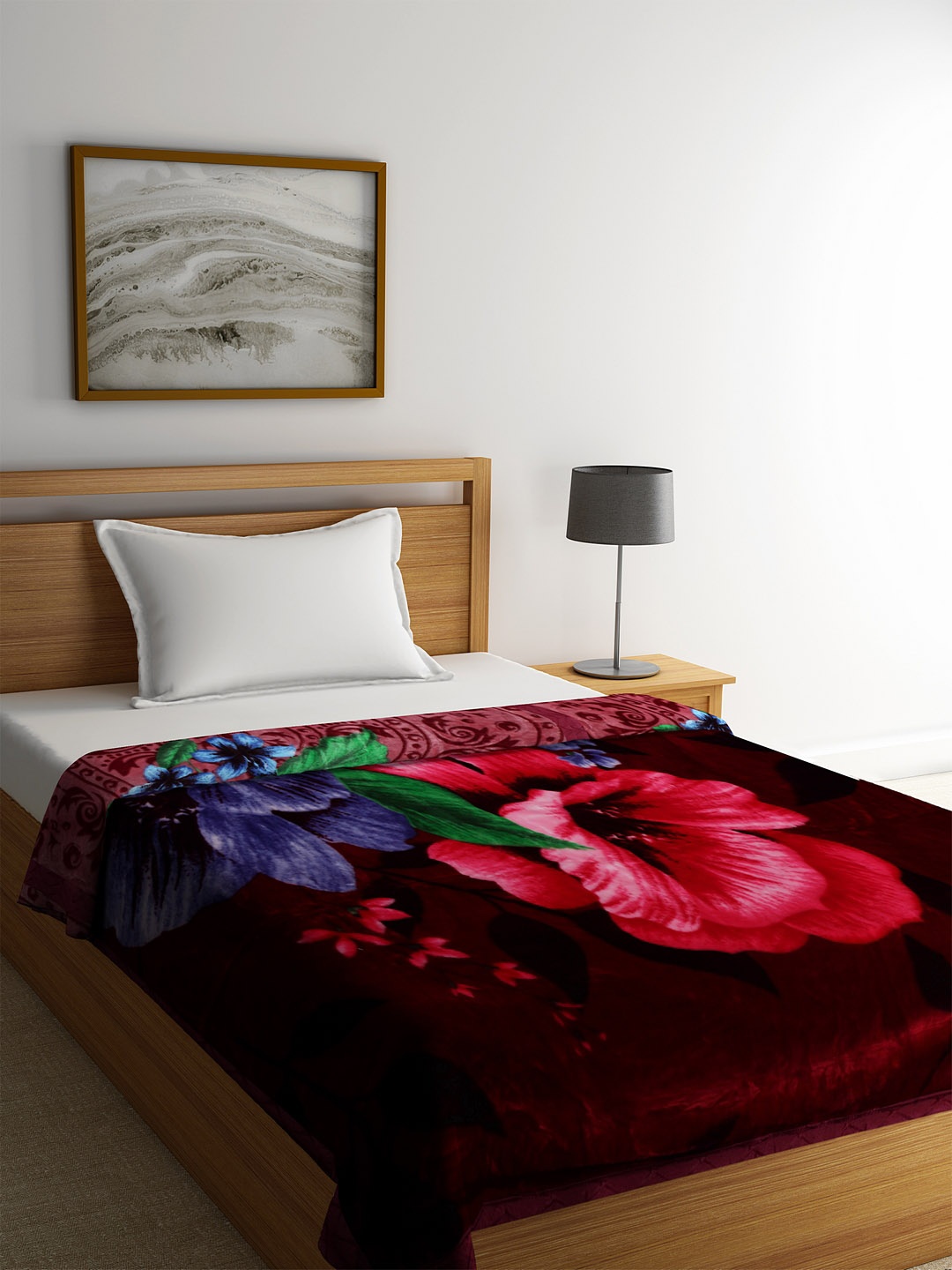 

BOMBAY DYEING Burgundy & Blue Floral Heavy Winter 600 GSM Single Bed Blanket