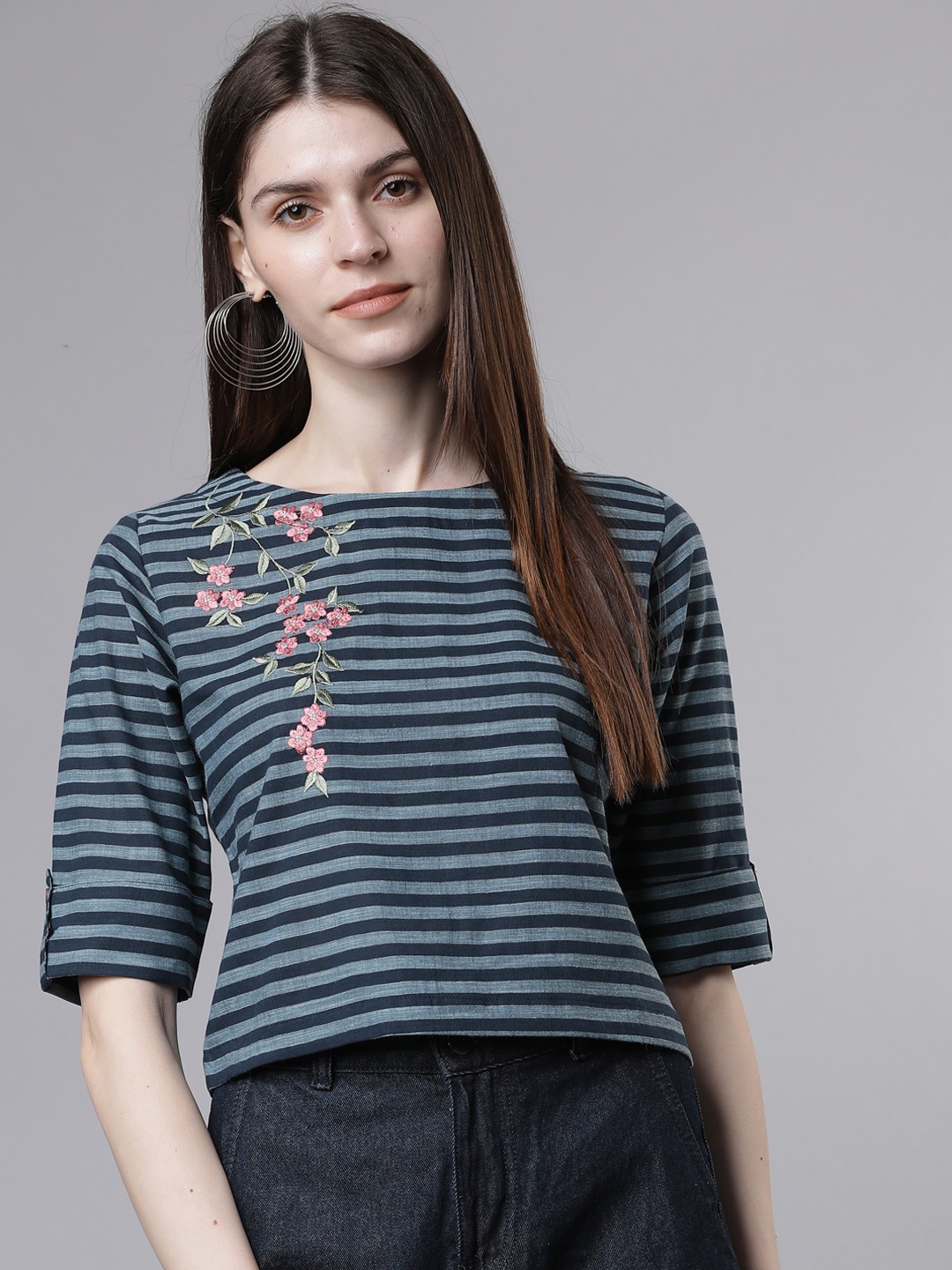 

Vishudh Women Navy Blue Striped Pure Cotton Top