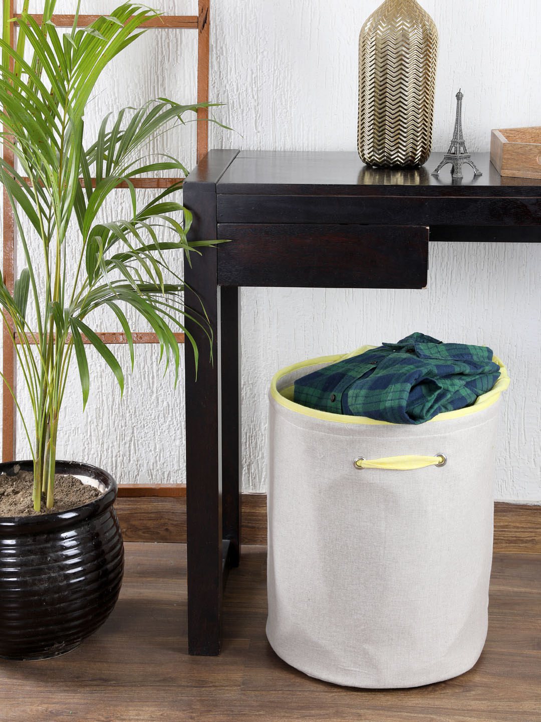 

My Gift Booth Grey & Yellow Solid Linen Laundry Bag
