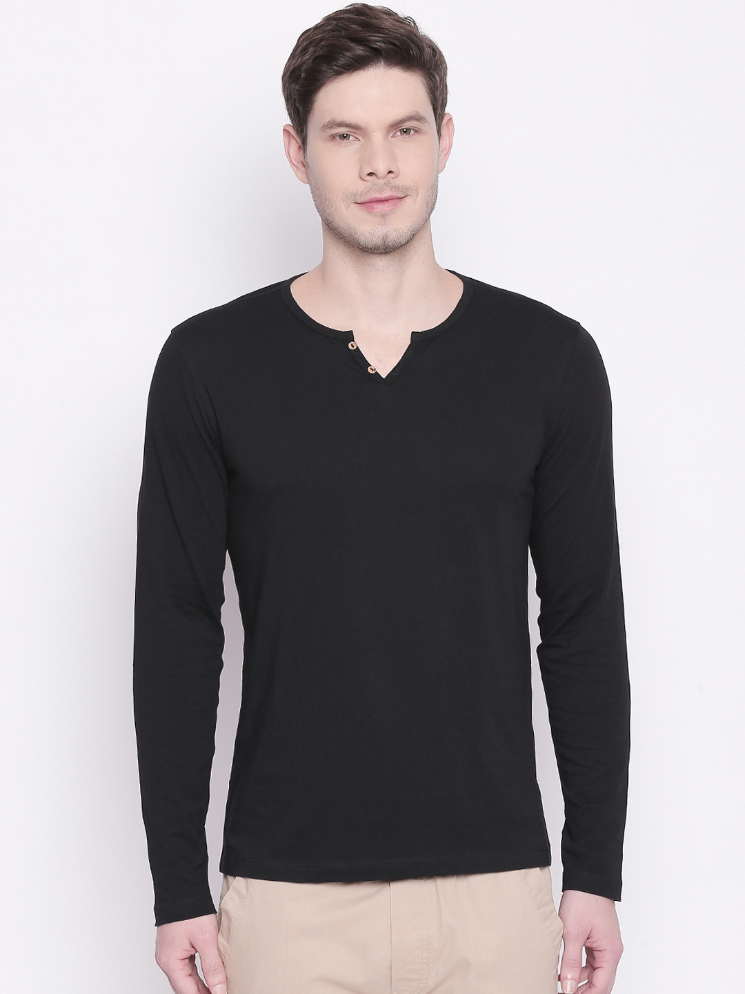

Urban Ranger by pantaloons Men Black Solid Henley Neck Pure Cotton T-shirt