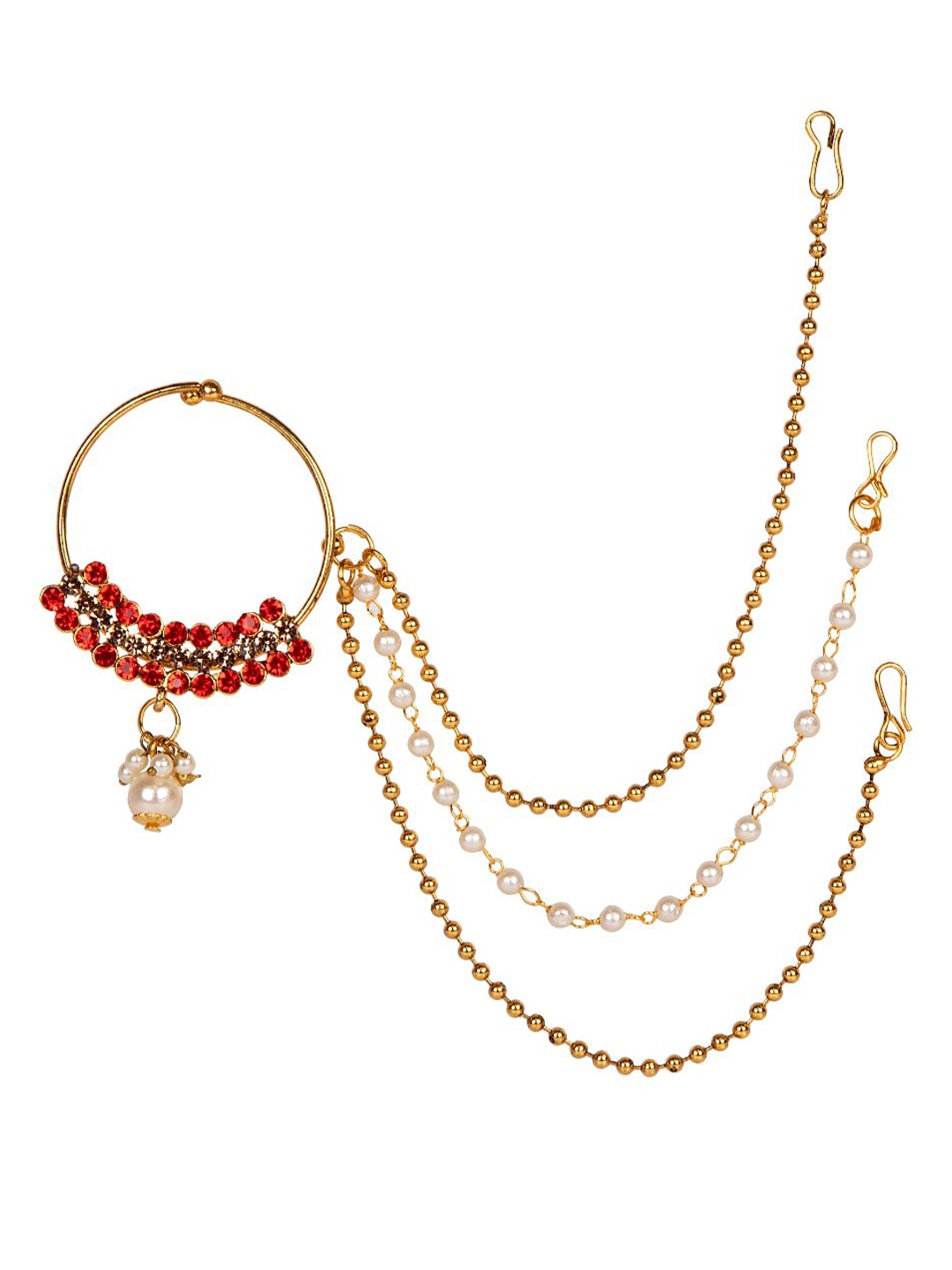 ANIKAS CREATION Gold-Plated & Off-White Beaded & Stone-Studded Chained Nose Ring