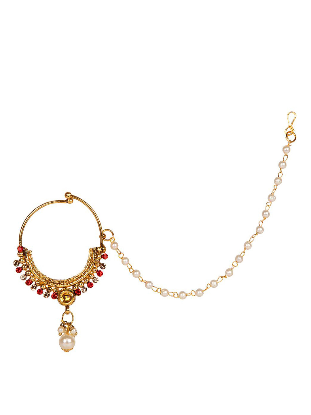 

ANIKAS CREATION Gold-Plated & Off-White Beaded & Stone-Studded Chained Nose Ring